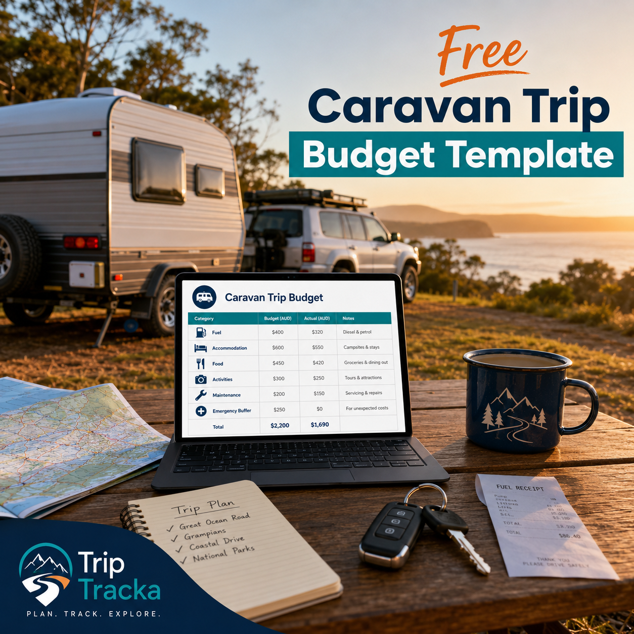 Caravan trip budget template with fuel, accommodation, food and travel expenses shown beside a caravan road trip scene.