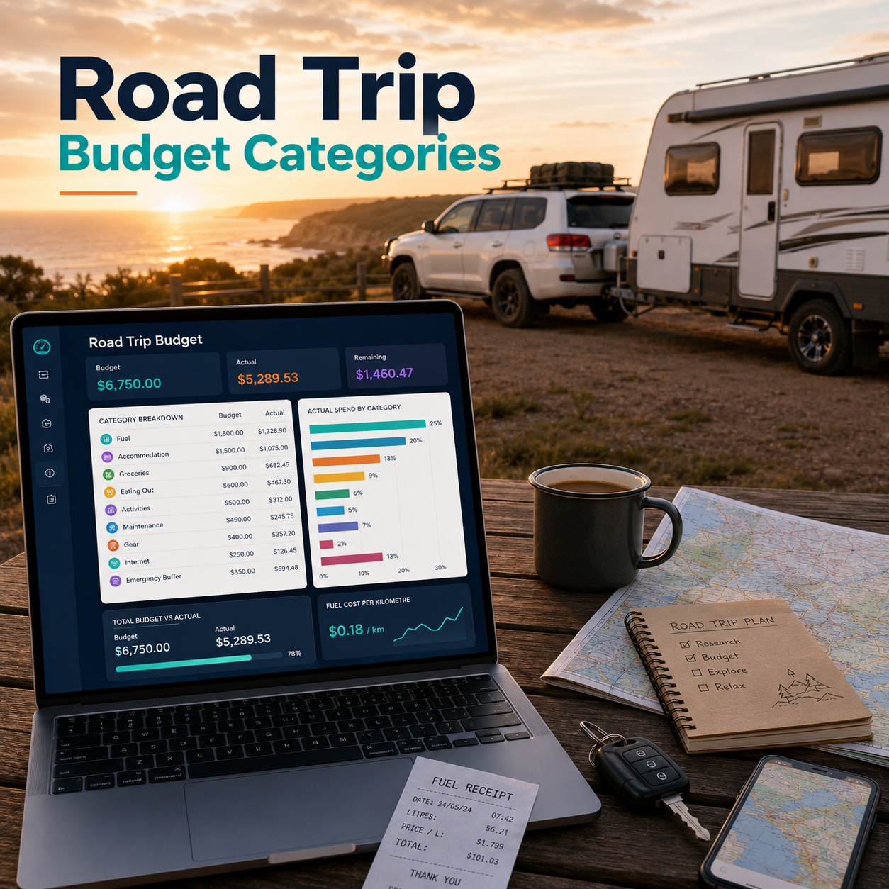 Road trip budget categories displayed on a laptop beside a caravan, 4WD, map, notebook, keys and fuel receipt at a scenic campsite.