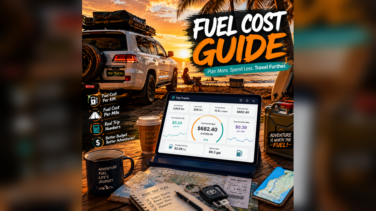 Trip Tracka fuel cost guide showing a 4WD, campervan, fuel pump, road trip map and travel dashboard calculating fuel cost per km, fuel cost per mile and total trip fuel budget.