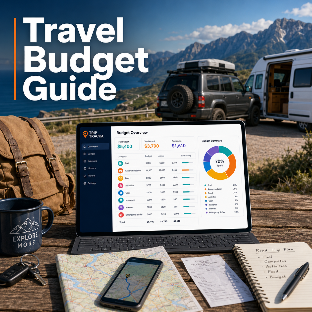Realistic travel budget guide image showing a 4WD, campervan, backpack, map, phone, keys, receipt and a Trip Tracka budget dashboard with fuel, accommodation, food, activities, gear, insurance, internet and emergency buffer categories.