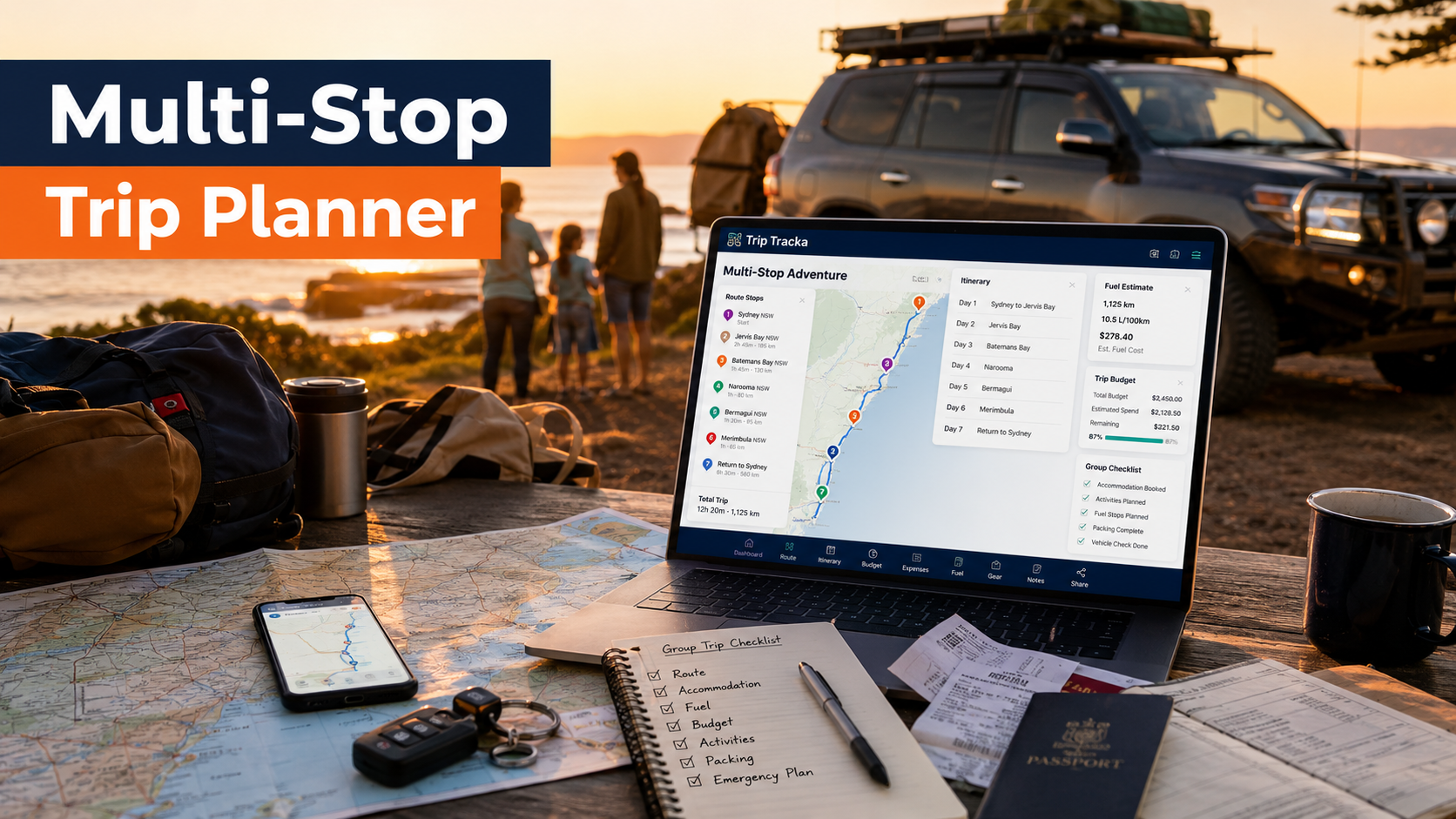 Trip Tracka multi-stop trip planning guide showing a family or group planning a route on a tablet with map pins, travel budget, fuel estimate, accommodation stops, backpacks, keys, notebook and road trip gear.