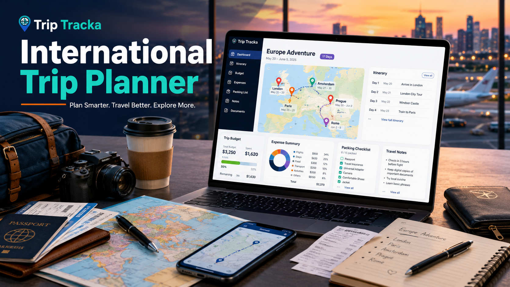 Trip Tracka international travel planner showing a laptop with multi-country route map, trip budget, expenses, itinerary, packing checklist, passports, backpacks, phone, receipts and travel gear on a table.